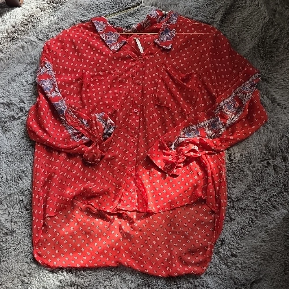 Free People Red and White Puff Sheer Sleeve Blouse Polka Dot Medium